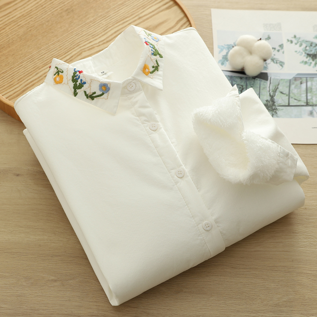 2025 New Autumn and Winter Clothing Preppy Style Collar Embroider Fleece-Lined Long-Sleeved White Shirt Women's Casual Warm Top