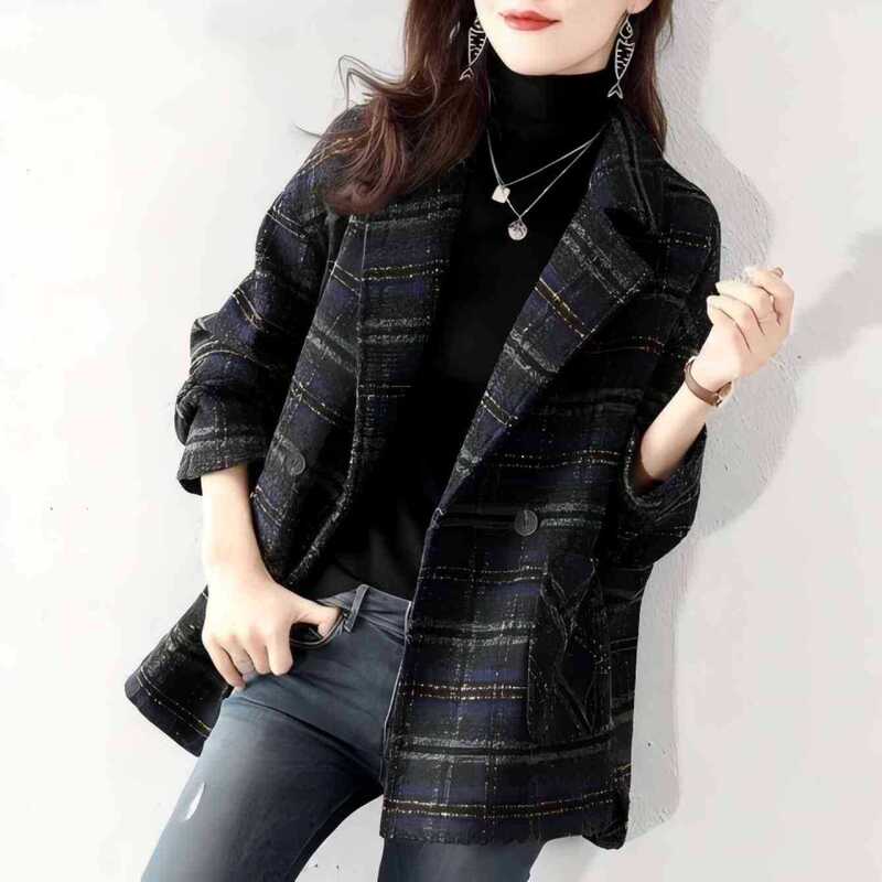 New Plaid Suit Woolen Coat 2025 Autumn and Winter Women's Korean Style Loose Retro Plaid Woolen Coat Mid-length