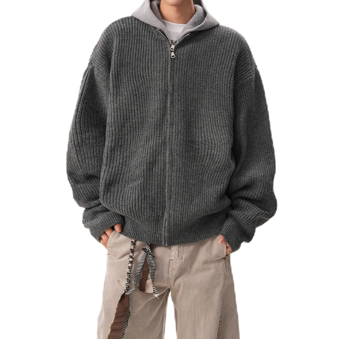 Explosiones transfronterizas de tamaño grande falso de dos piezas con capuzas camisetas de punto suéter cardigan chaqueta de otoño y invierno fábrica al por mayor