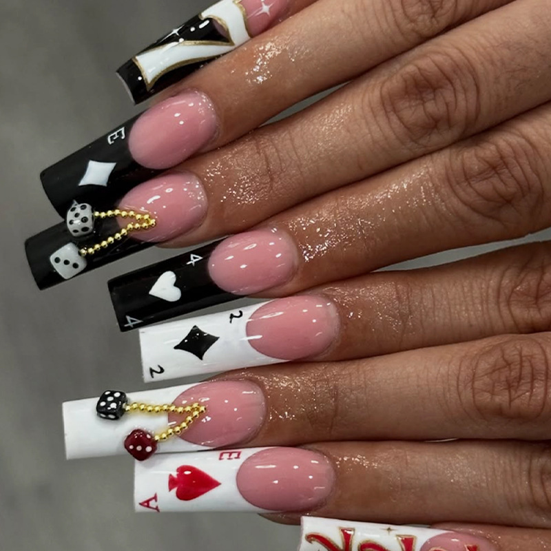 Cross-Border Best-Selling European and American Poker-Themed Nails with High-End Design, Heart-Shaped Black and White Press-On Nails, High-Quality Long Tube Nails