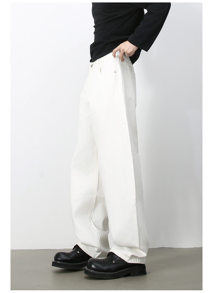Quần jean nam ống rộng dáng suông cạp vừa phong cách đường phố — Denim đen, Làm cũ, Màu trắng, Màu xanh lam chi tiết 19