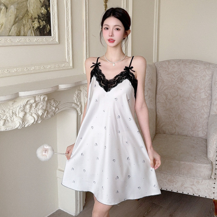 2025 verano hielo y nieve pijama de seda chica pura libido de viento esling arco de encaje impresión pijama ropa de hogar sexy