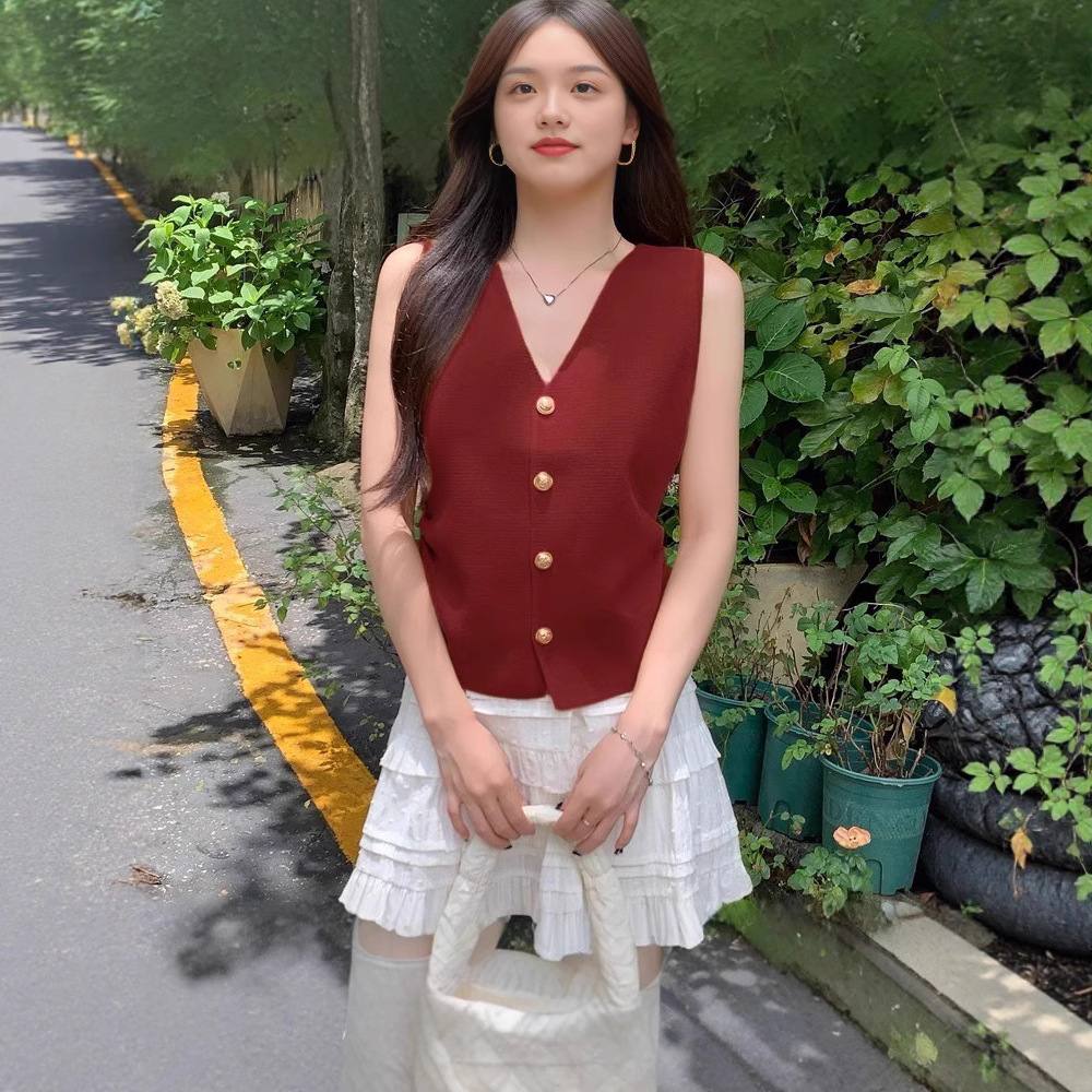 French Single-Breasted V-Neck Sleeveless Knitted Vest for Women 2025 Summer New Slim Fit Outer Top