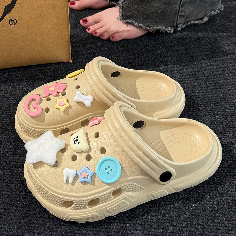 2025 Summer New Style Hole Shoes Men's Thick Slippers Outer Wear Beach Non-Slip Sandals for Couples Eva Half-toe Sandals