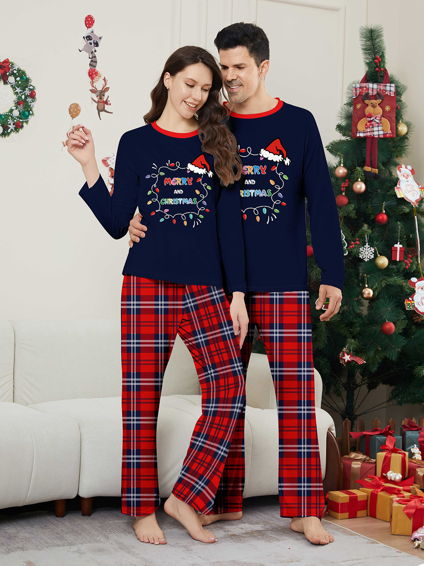 Chapeau de Père Noël alphabet lumineux avec vêtements de famille de Noël imprimés vêtements de maison pyjamas_voghion.com