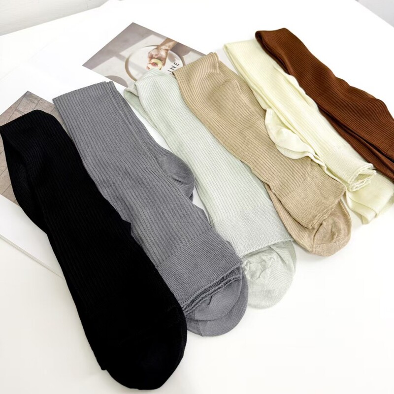 2025 Spring Show m Style Solid Color Ribbed Vertical Striped Slouch Socks Trendy Japanese Style Women's Over-The-Knee Socks