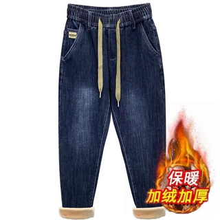 冬季2026新款男士牛仔裤弹力直筒黑色松紧腰弹力加绒加厚男款裤子