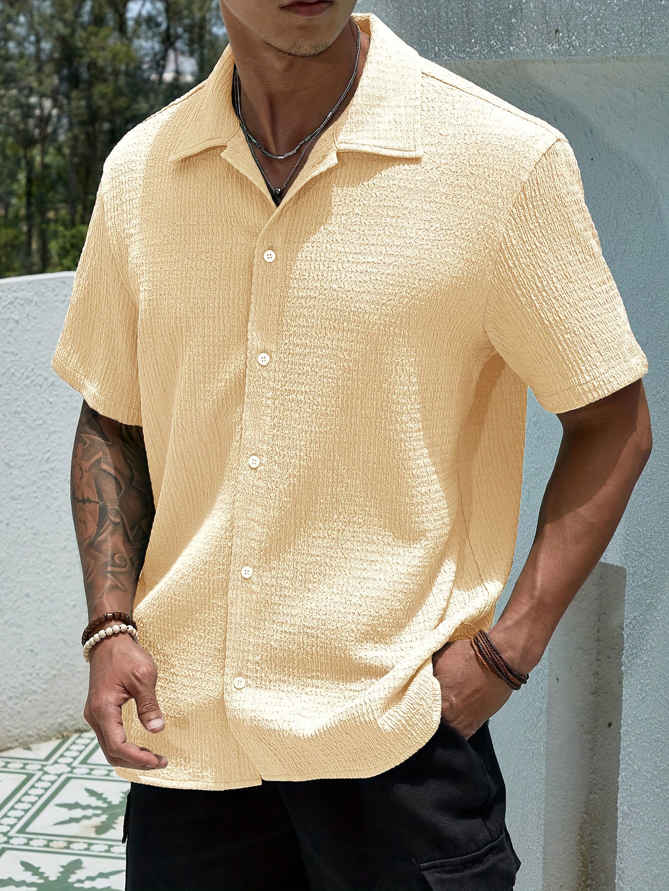 Blouse Tops Type Daily, Street Occasion Wholesale Men's Polyester Simple Style Solid Color Short Sleeve Men's Shirts