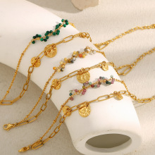 欧美跨境时尚气质轻奢手饰品不锈钢镀18K金双层链条圆币吊坠手链