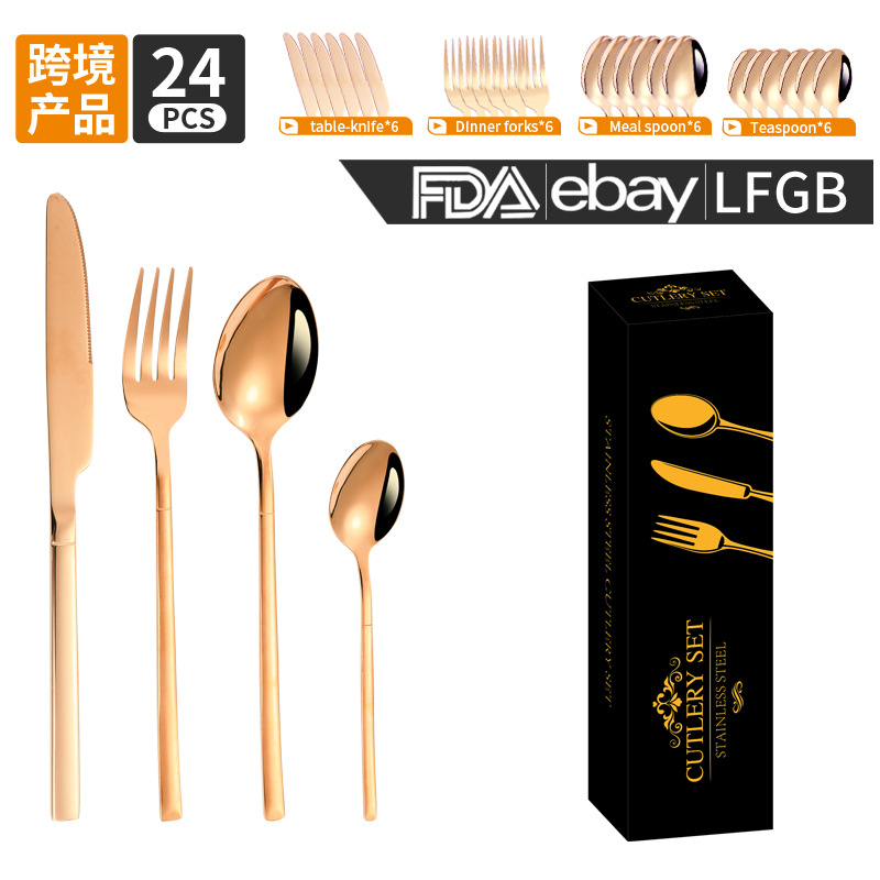 Traje de vajilla de acero inoxidable de Amazon transfronterizo Caballero cuchillo de carne, tenedor y cuchara pequeña caja negra vajilla occidental vajilla de regalo