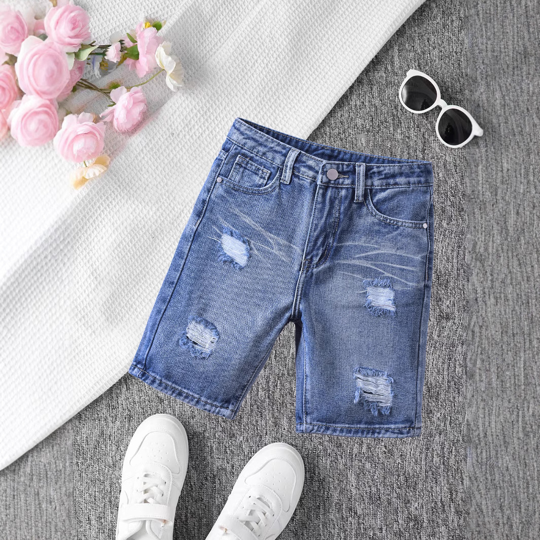 Summer New European and American Style Children's Fashion Trend Korean Style High Street Ripped Jeans Casual Loose Shorts