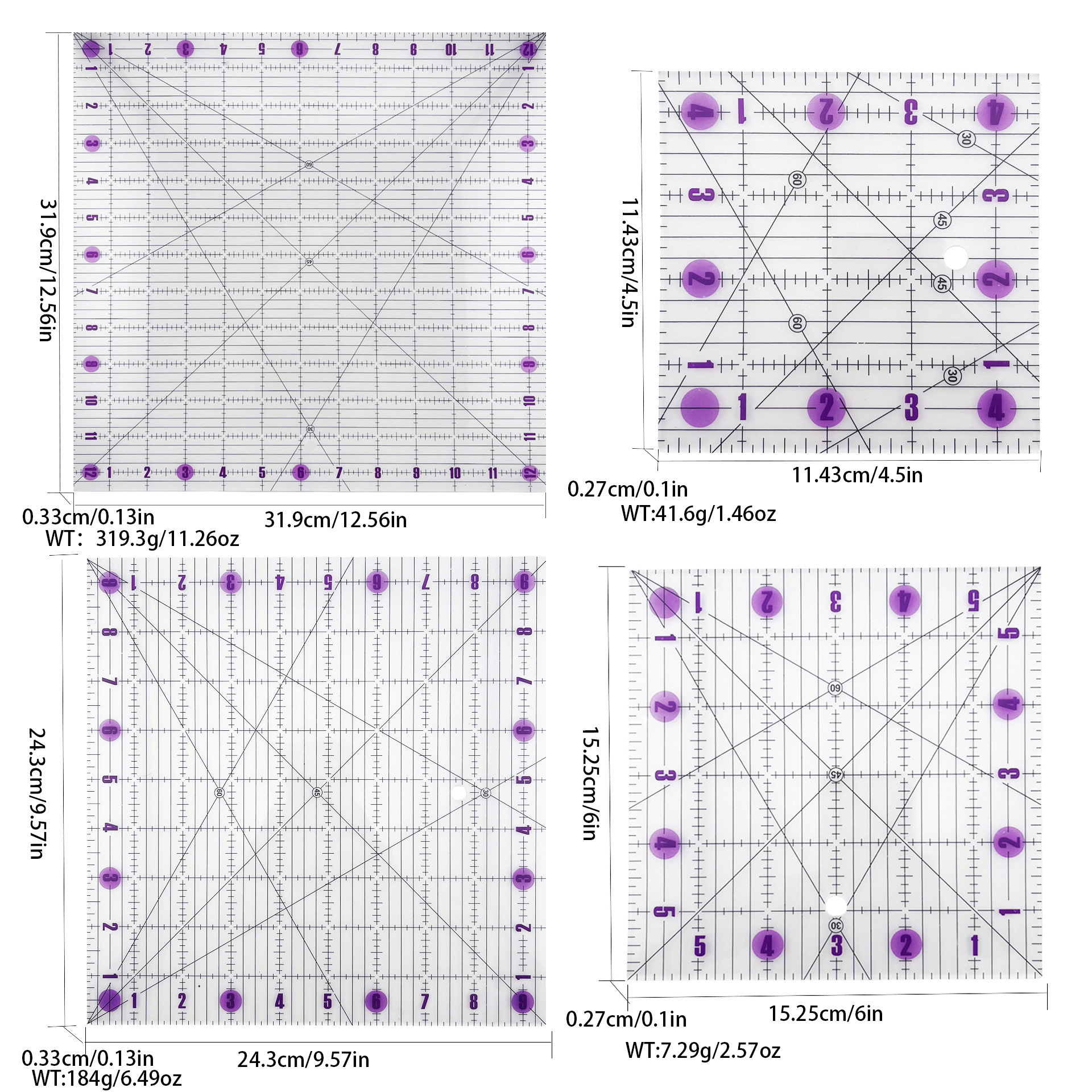 Diseño de prendas de vestir acrílico 90 ° regla de costura de tela de corte de tela doble regla de patrón de tela de corte