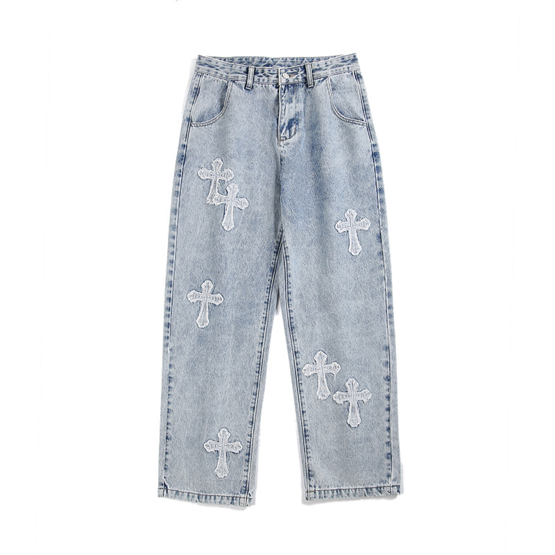 LKTM Men's# American High Street Cross Jeans Men's Trendy Loose Straight Wide Leg Dad Long Pants