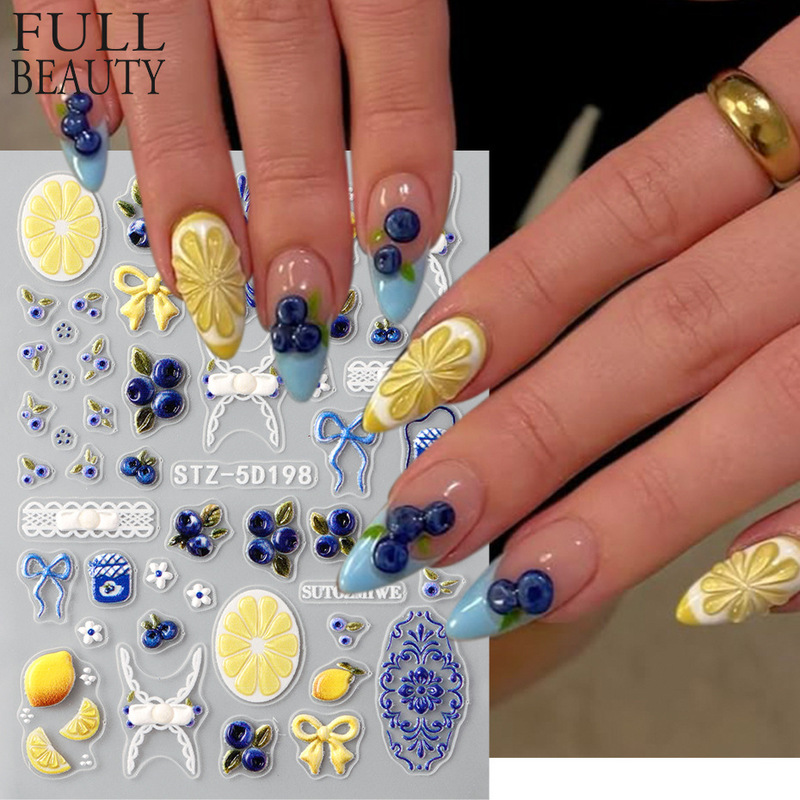 Cross-Border New Nail Art Stickers Summer Blueberry Lemon Fruit French Lace Bow 5D Three-Dimensional Nail Stickers Cross-Border New Nail Art Stickers Summer Blueberry Lemon Fruit French Lace Bow 5D Three-Dimensional Nail Stickers