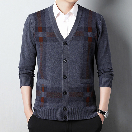 Men's 2024 New Knit Sweater Fashion Korean Version Mid-Age Thick Warm Father's Day Long-Sleeve Top V-Neck Sweater
