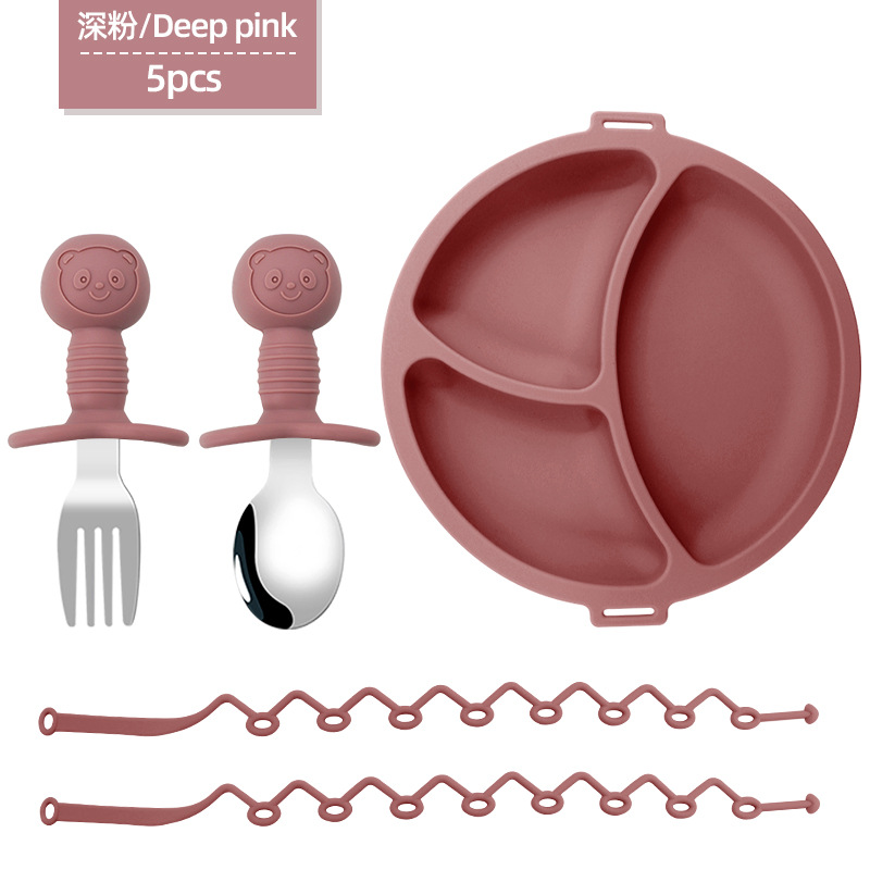 Placa de comedor de cadena anti-pérdida para niños, entrenamiento para bebés, plato de comedor dividido, cuchara de tenedor, suplemento alimenticio de silicona para bebés, cuchara de oso, tenedor