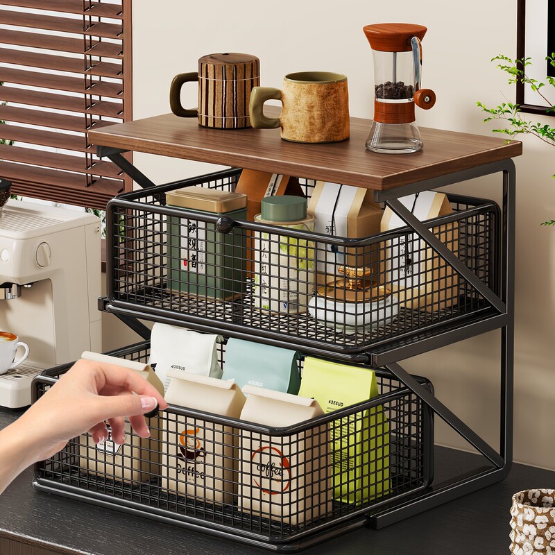 Desktop Storage Rack, Dining Table Countertop Organizer, Multifunctional Coffee Machine Stand, Pull-Out Multi-Layer Cup Holder