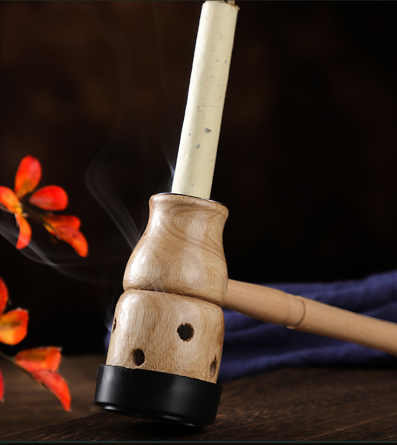 Handheld Wooden Gourd Moxibustion Box Portable Single Hole Moxa Burner for Full Body Warming in use