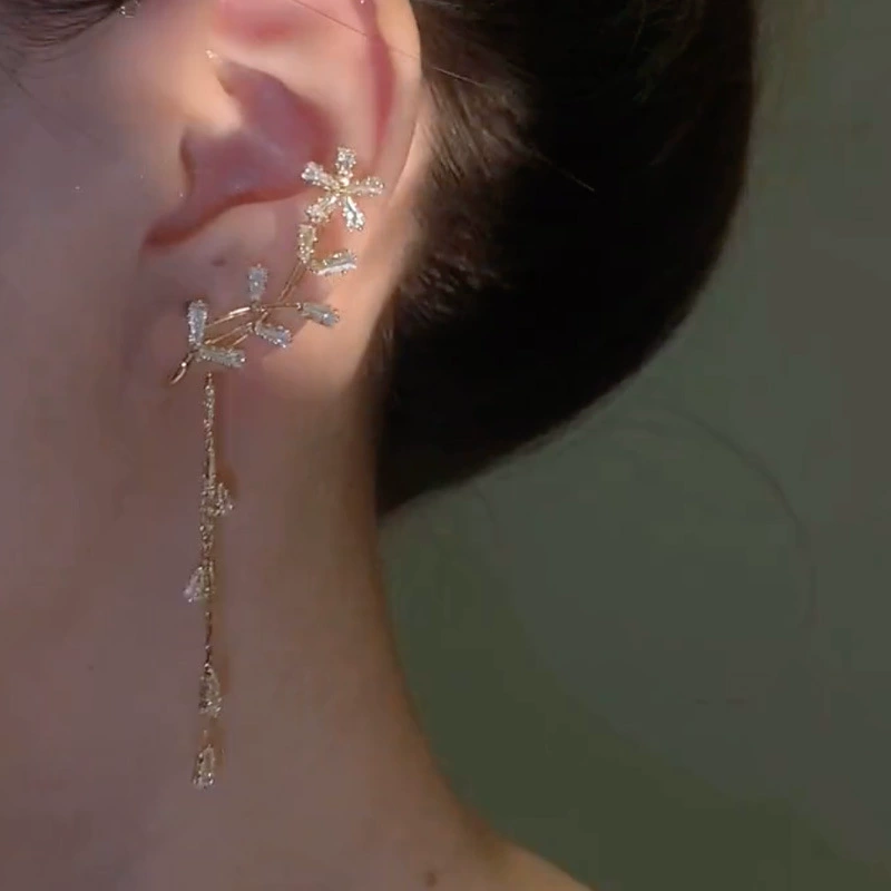 Сережки-клипсы на ухо, zirconia в форме цветка с кисточками, не прокалывают стены модный аксессуар