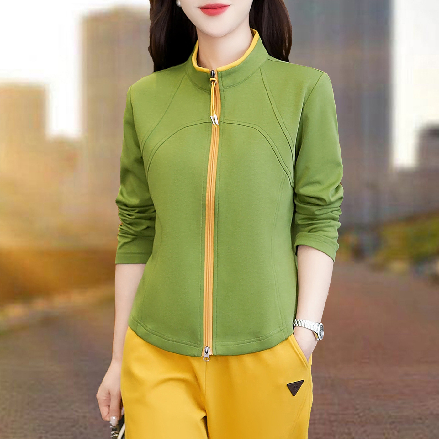 2026 Spring and Autumn Hot-Selling Long-Sleeve Sports Casual Set for Women, Color-Block Stand Collar Sweatshirt, Middle-Aged Running Outfit