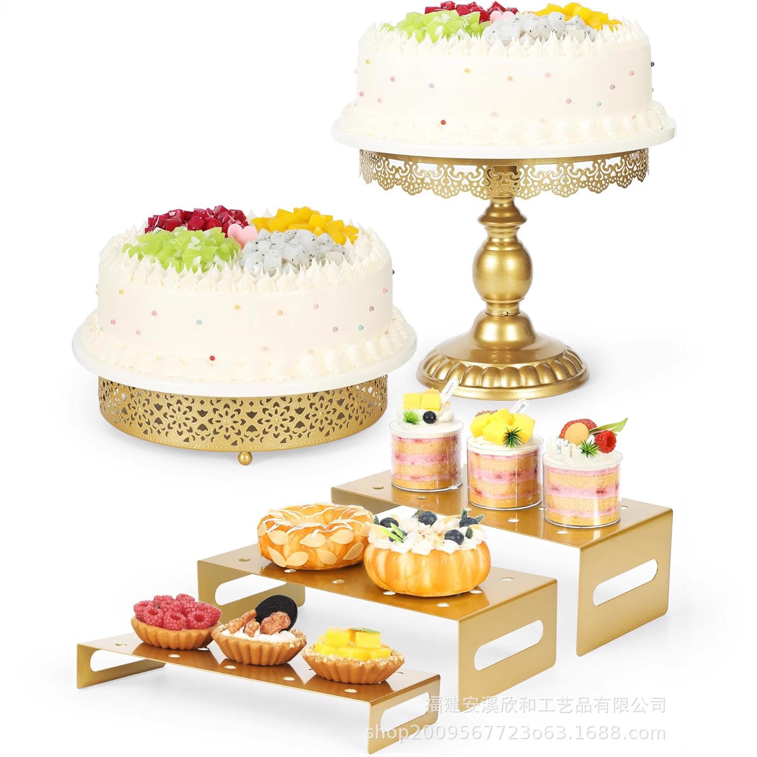 Estante de pastel blanco / dorado, estante de pastel redondo, bandeja de fruta de metal de boda, bandeja de postres de fiesta de celebración