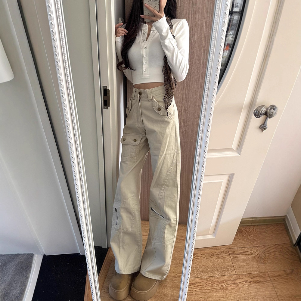 美式沙白色工装牛仔裤女2026秋冬加厚高腰显瘦不贴腿咖色微喇裤