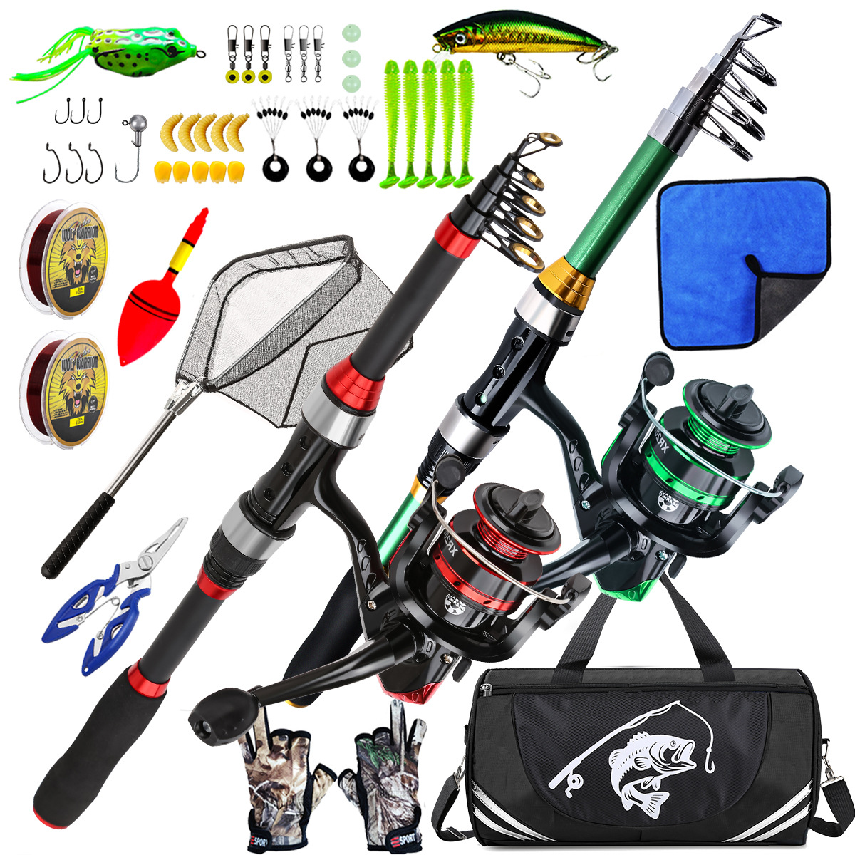 Red and Green Double Pole Set with Copy Net Multifunctional Portable Extra Large Capacity Fishing Gear Bag Set Manufacturer Cross-Border Wholesale