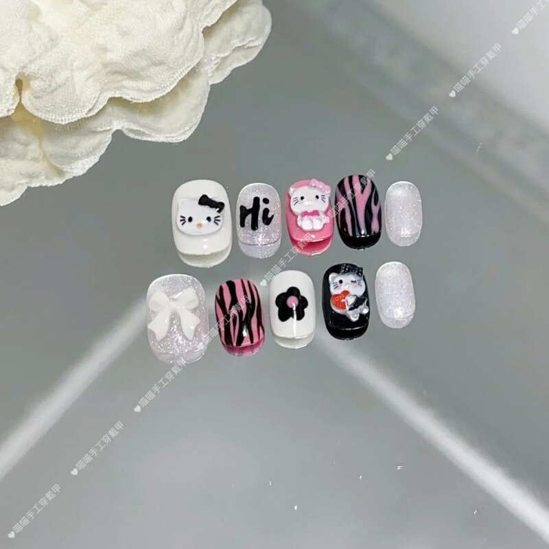 Nail Art Handmade Wearable Nails Cute Student Pure Handmade Cartoon Short Nails Children's Round Three-Dimensional Medium and Long Style