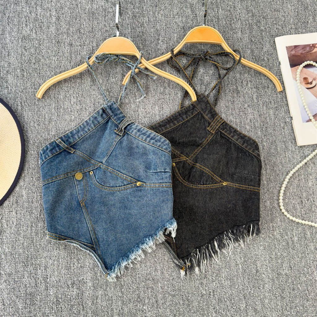 Girls' European and American style denim halter neck camisole, 2026 summer new model, backless, sexy, slim-fit, irregular short tank top