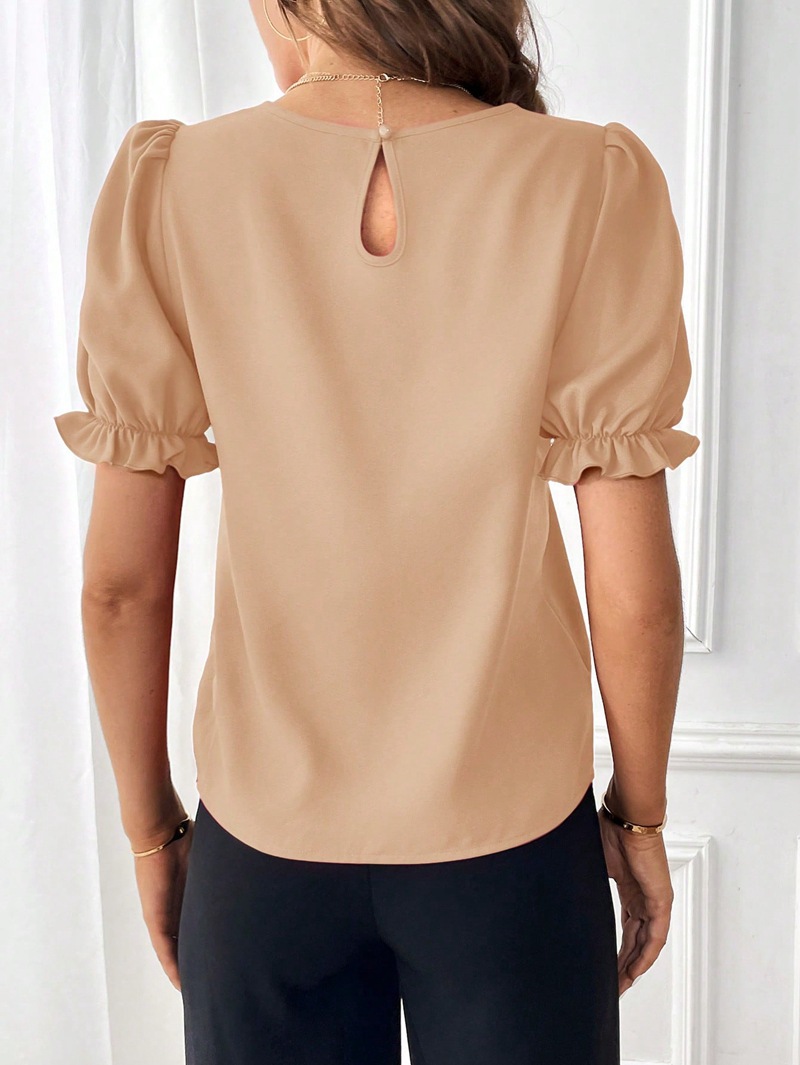 203g Weight Short Sleeve Sleeve Length Pullovers Placket Type Bishop Sleeve Sleeve Type Polyester Fabric Type Regular Top Length Blouse Tops Type Daily Occasion Round Neck Neckline Regular Fit Fit Type Solid Color Pattern Summer, Spring Season Women's Gender Elegant, Streetwear Style Wholesale Women's Elegant Streetwear Solid Color Short Sleeve Blouses 36
