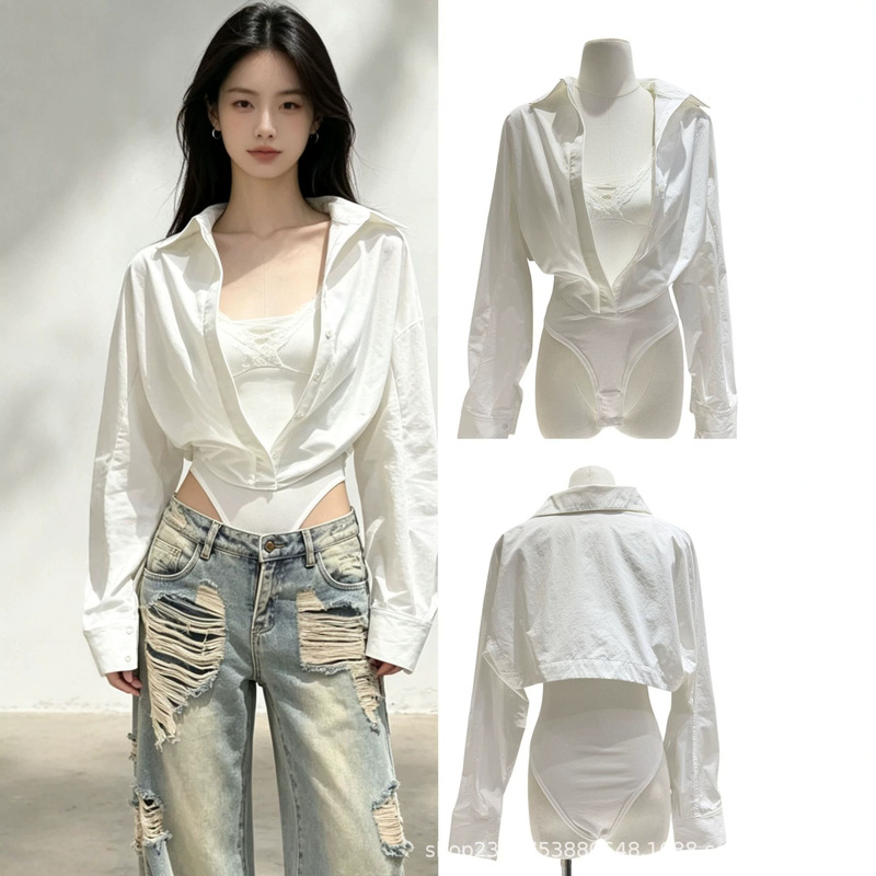 In-stock women's long-sleeve shirt jumpsuit with chest pads, faux two-piece design, lace cross straps, and waist-cinching style