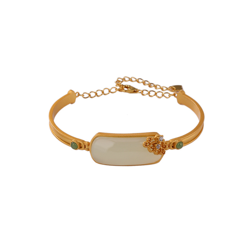 Vòng tay nữ bạc S925 mạ vàng đính ngọc bích jasper phong cách Trung Quốc — Một chiếc