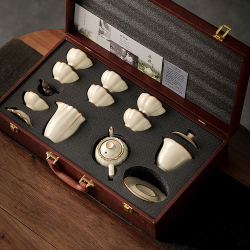 台湾柏韵汝窑功夫茶具套装金丝开片可养窑汝三才盖碗茶壶礼盒