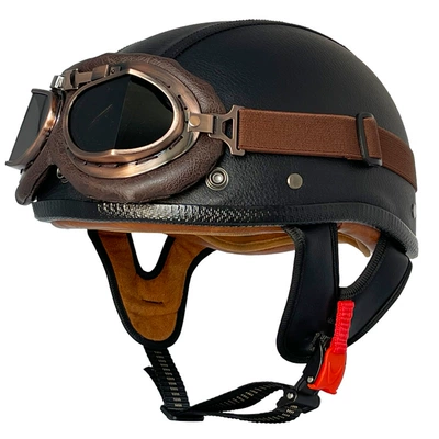 Motosiklet kaskı (dəbilqə) — portable helmet cross-border scoop helmet - black-flat-leather-helmet-copper-mirror-m