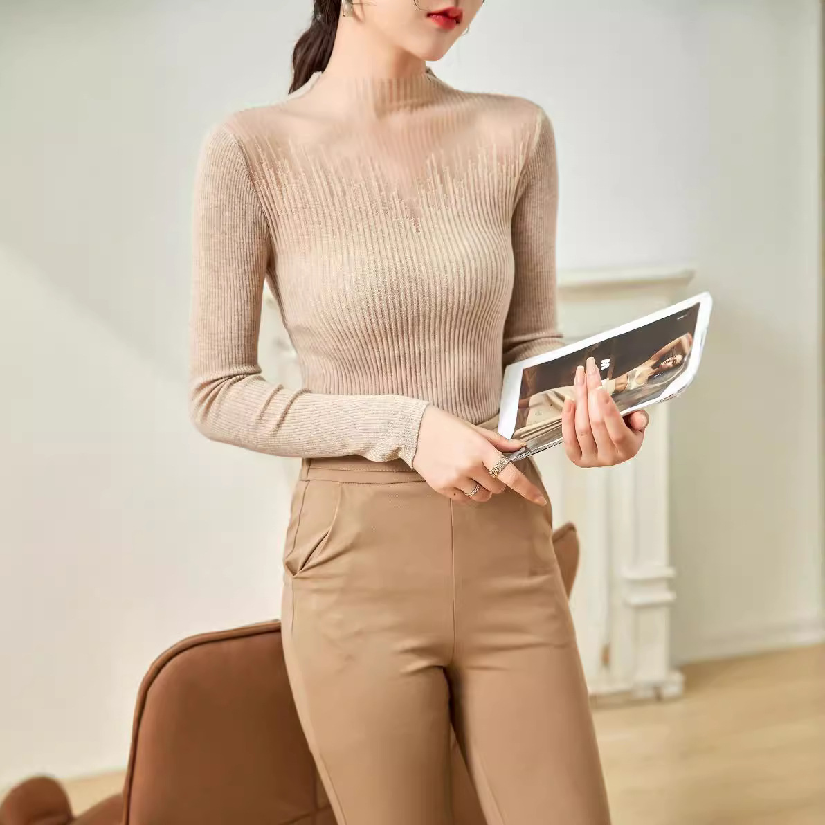 蚕丝羊毛针织打底衫女长袖2025冬新款套头半高领上衣修身内搭毛衣