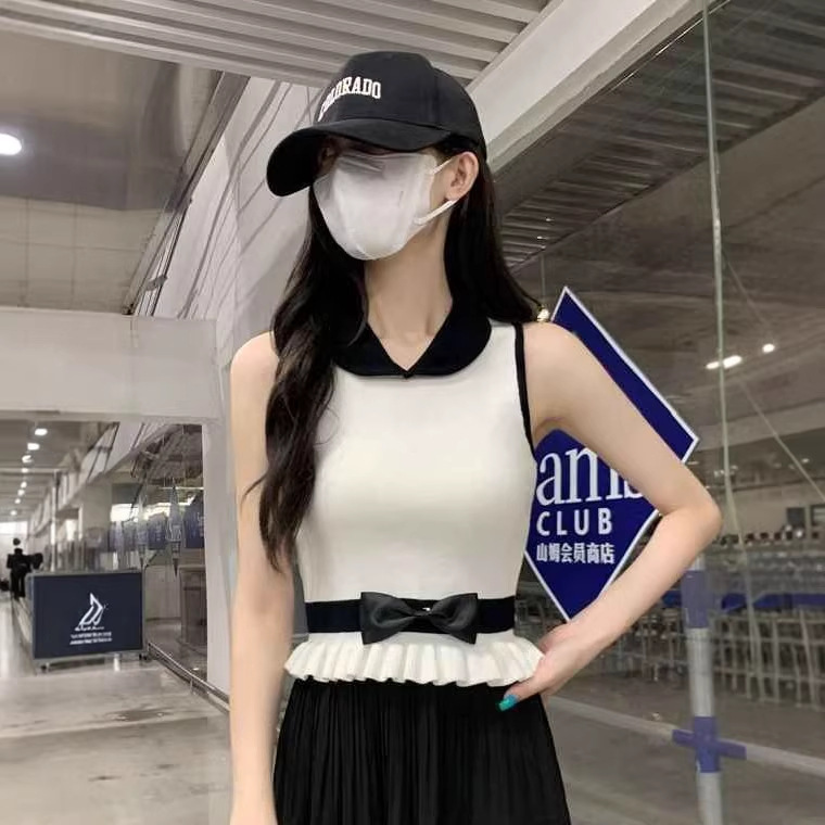 French-Style Bowknot Doll Collar Sleeveless Knit Top for Women, Summer 2026 New Model, Color-Blocking Slim-Fit Short Top French-Style Bowknot Doll Collar Sleeveless Knit Top for Women, Summer 2026 New Model, Color-Blocking Slim-Fit Short Top