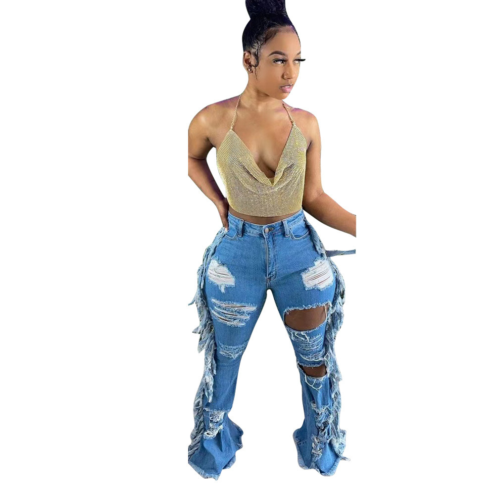 Vintage jeans med hög midja för damer med fransad kant_voghion.com