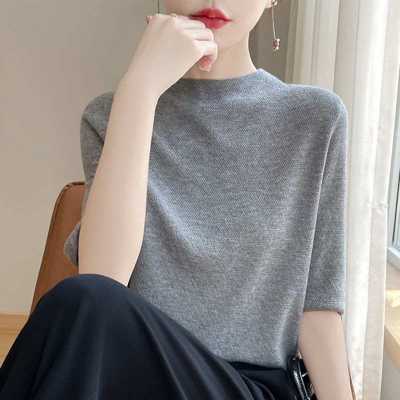2024 summer new worsted fabric semi-high collar sweater short sleeve T-shirt women's solid color thin temperament all-match