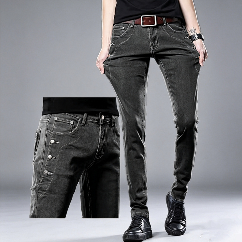 Cross-border slim-fit stretchy men's jeans with button details, casual jeans for all seasons, wholesale for foreign trade