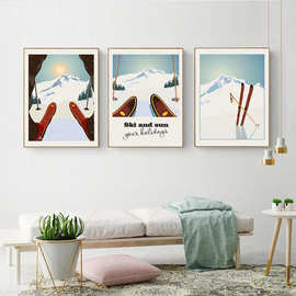 冬季运动滑雪艺术帆布画抽象复古旅行海报滑雪板雪山图片装饰画芯