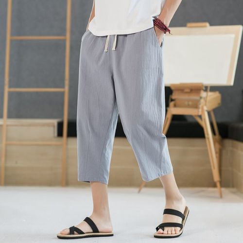 Linen Men's Shorts Seven-Eight Length Summer Thin Cotton Linen Mid-Johns Casual Sport Shorts Straight Leg Loose Seven-Eight Length