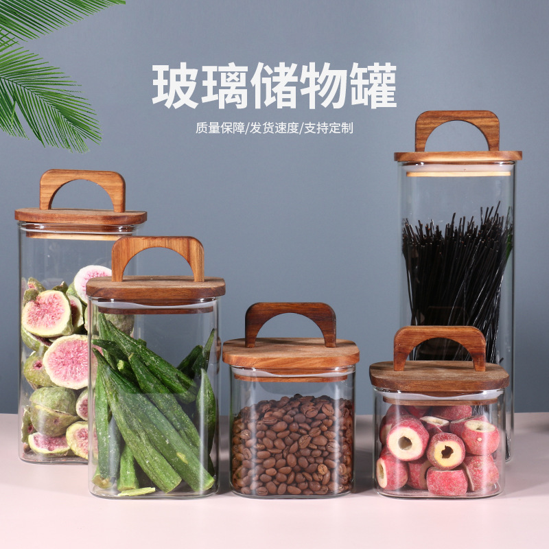 American-Style Handle Lid Glass Coffee Jar Retro Square Display Bottle Food Storage Moisture-Proof Glass Sealed Jar