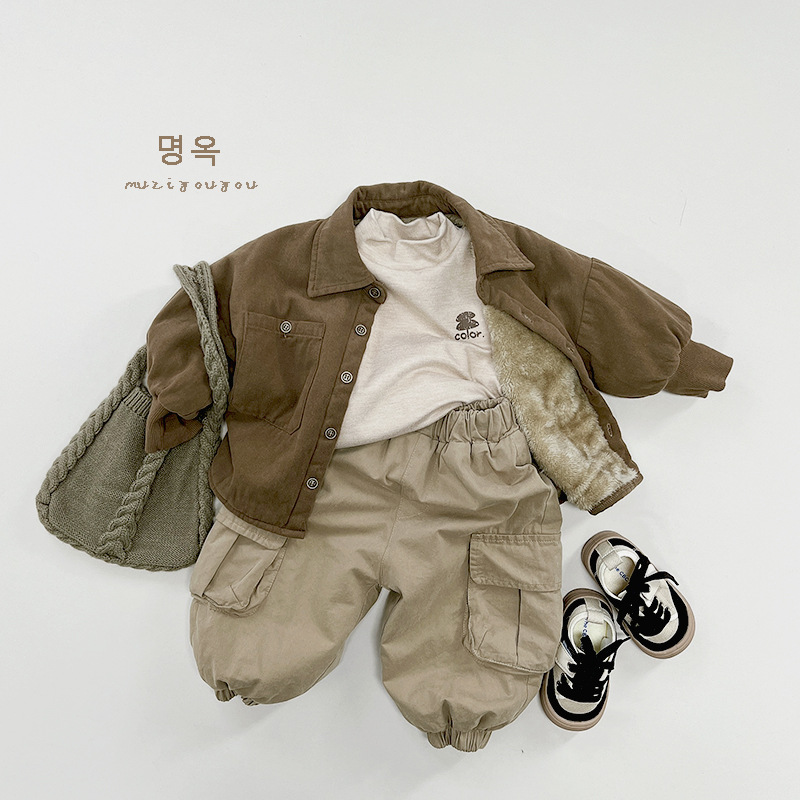 Camisa de forro de lana de estilo coreano para niños y niñas Mori retro chaqueta de un solo pecho para niños de otoño e invierno de los niños ropa de moda