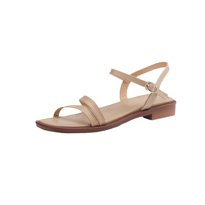 Sandal hở mũi quai ngang da bò gót thấp mũi vuông nữ kiểu mới — Màu nâu