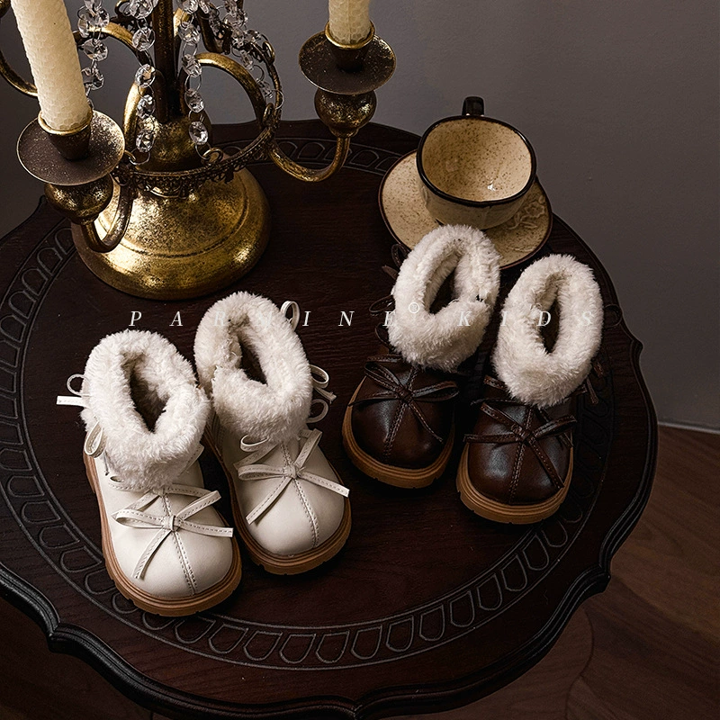 Зимние детские модные ботинки из натуральной кожи с бантом, коллекция 2025 года, новые кожаные ботинки-принцессы с отворотом