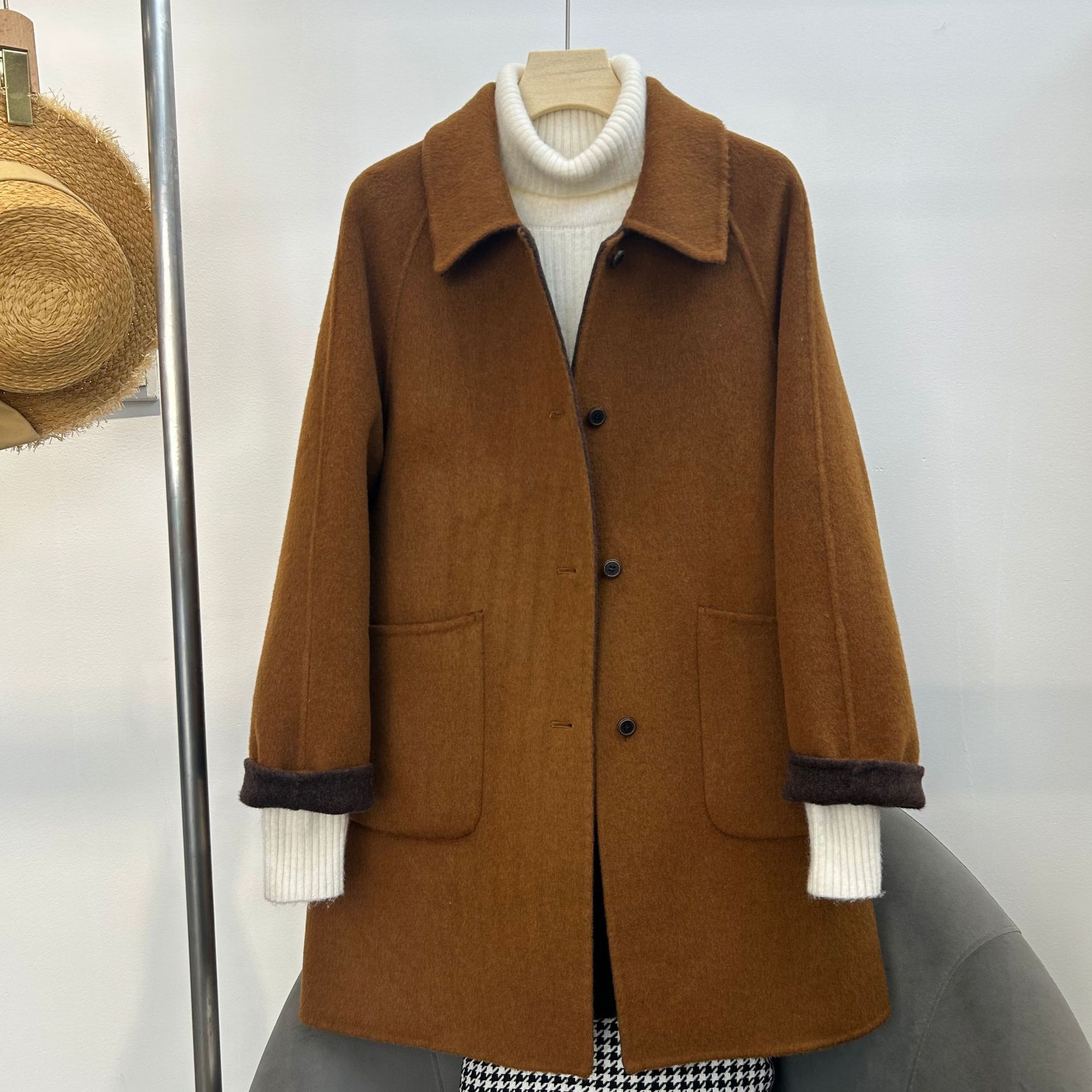 南瓜色【山羊绒】小个子一手长宽松直筒双面羊毛外套女款双面色女