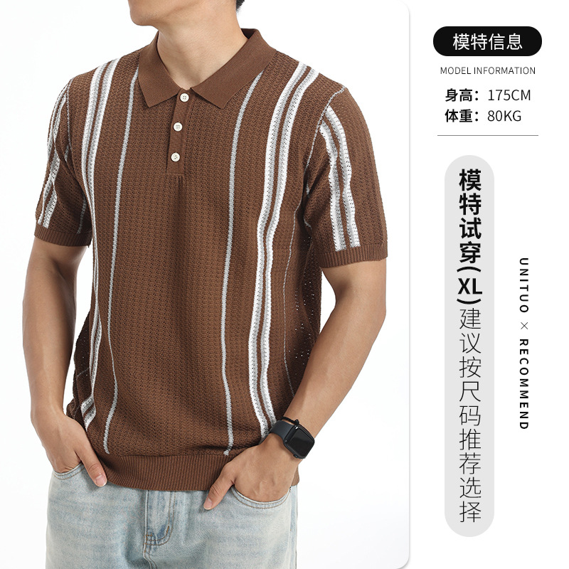 Vintage americano para hombres con rayas contrastantes de punto polo de hielo para hombres lujo ligero camiseta de lujo de alto nivel para hombres