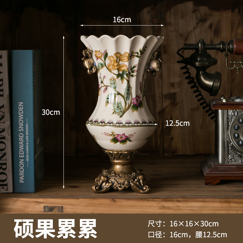 美式复古冰裂纹陶瓷花瓶创意家居摆件装饰品桌面欧式高足双耳花瓶|undefined