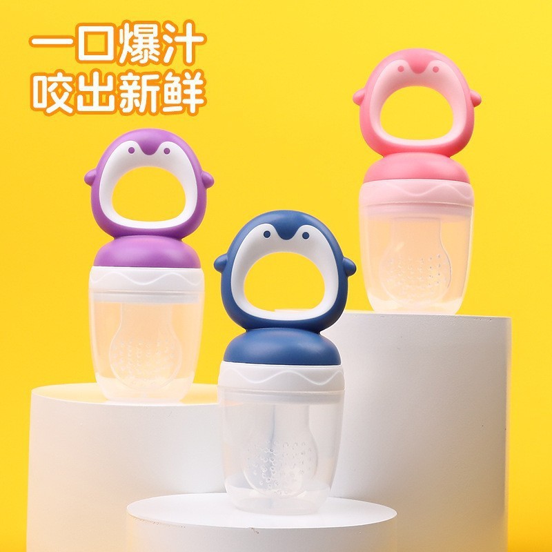 Inglés tarjeta de bebé mordida le le frutas y verduras le niños chupeta de silicona pingüino bebé fruta fábrica de bolsas de alimentos suplementarios