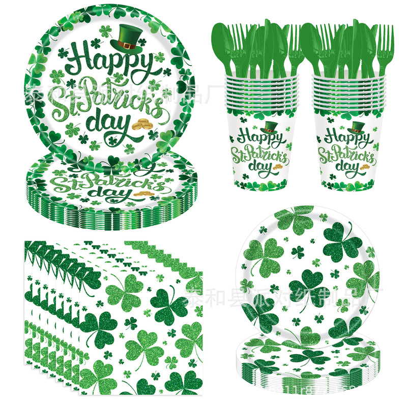 New Fresh Clover Holiday Party Theme Tableware Set Paper Plate Paper Towel Tablecloth Banner Venue Decorations